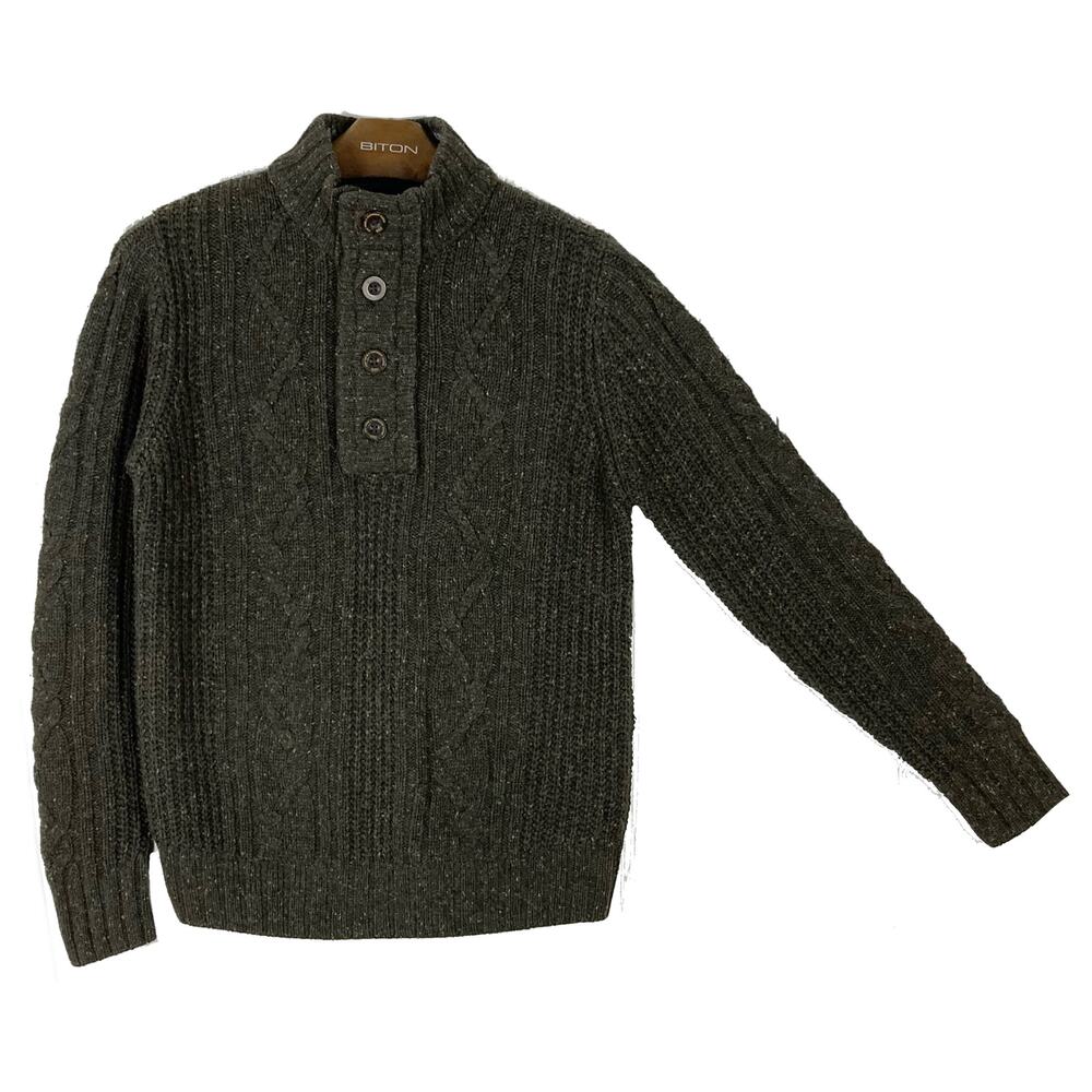 Nwot NEXT Sweater Men M Brown Wool-Blend Cable Knit Speckled 1/4-Btn Mock-Neck